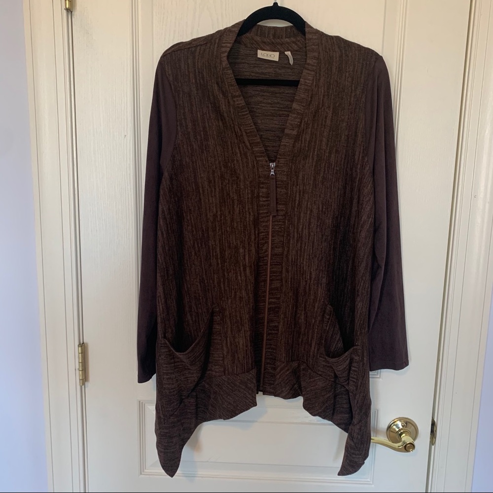 LOGO Lori Goldstein Brown Zip Cardigan Lagenlook